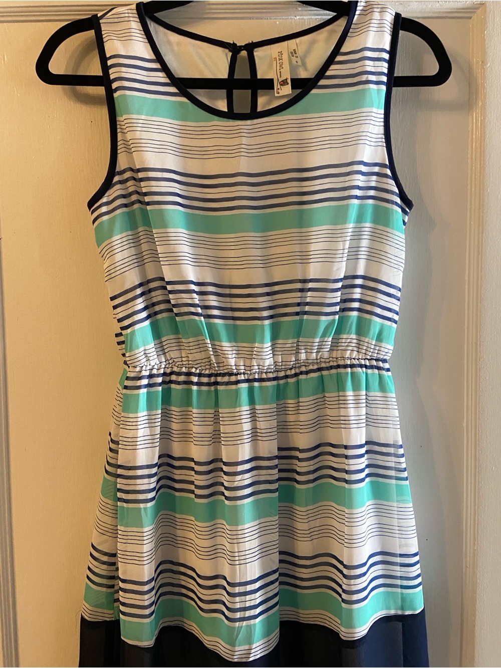 Striped Sleeveless Summer Dress in White, Aqua & Navy